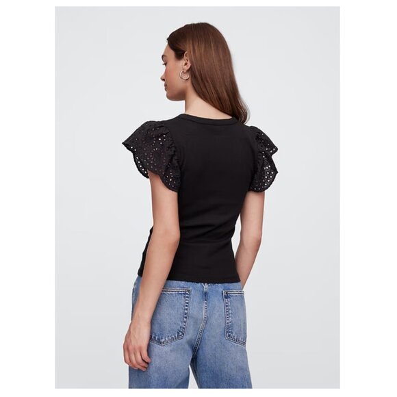 GAP Ribbed Eyelet Flutter Sleeve T-Shirt - Picture 2 of 10